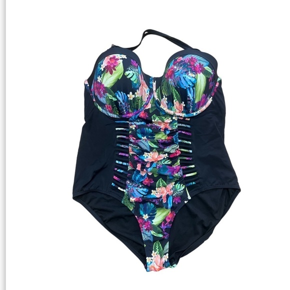 Swimsuits for All Ruched Sheer Full Support Padded Floral One Piece Swimsuit - Picture 2 of 13